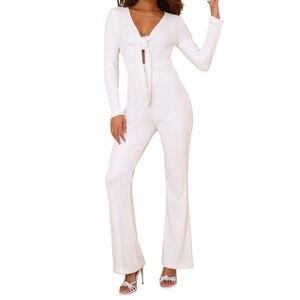 LULUS Sequin‎ Tie-Front Jumpsuit Polyester Long Sleeve Flare Leg White Size L